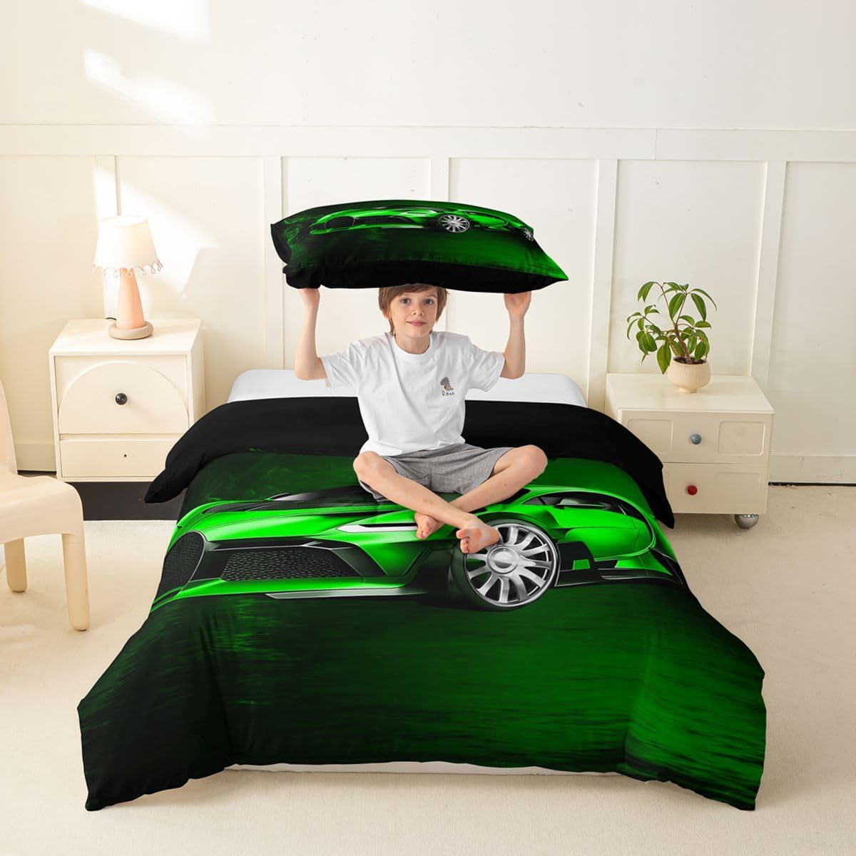 Feelyou Sports Car Duvet Cover Set Green Race Car Bedding Set for Kids Boys Girls Extreme Sports Comforter Cover Cool Speed Luxury Car Decor Quilt Cover Room 2Pcs Twin Size,Zipper