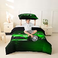 Vista 6 de Feelyou Juego de funda de edredón de coche deportivo, ropa de cama verde de carreras para niños y niñas, edredón de deportes extremos, velocidad