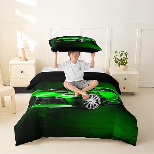 Miniatura 6 de Feelyou Juego de funda de edredón de coche deportivo, ropa de cama verde de carreras para niños y niñas, edredón de deportes extremos, velocidad