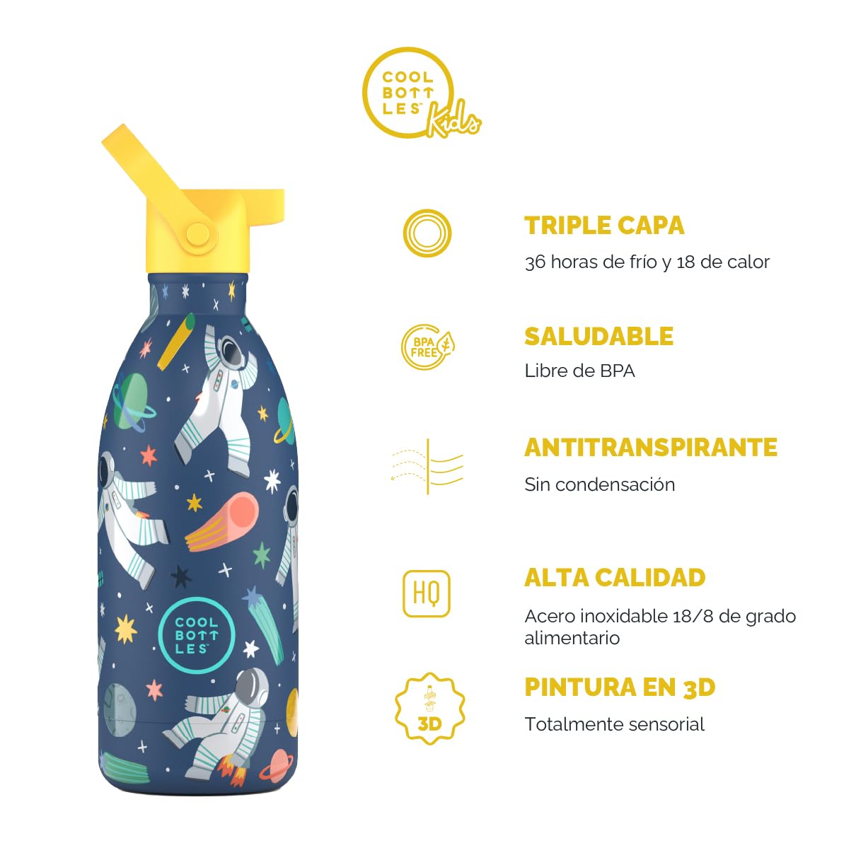 Cool Bottles - Botella Agua Acero Inoxidable Niños, Botella Térmica (+3 años) - Bebidas Frías 36 Horas y Calientes 18 Horas - Galactic Ride 500ml