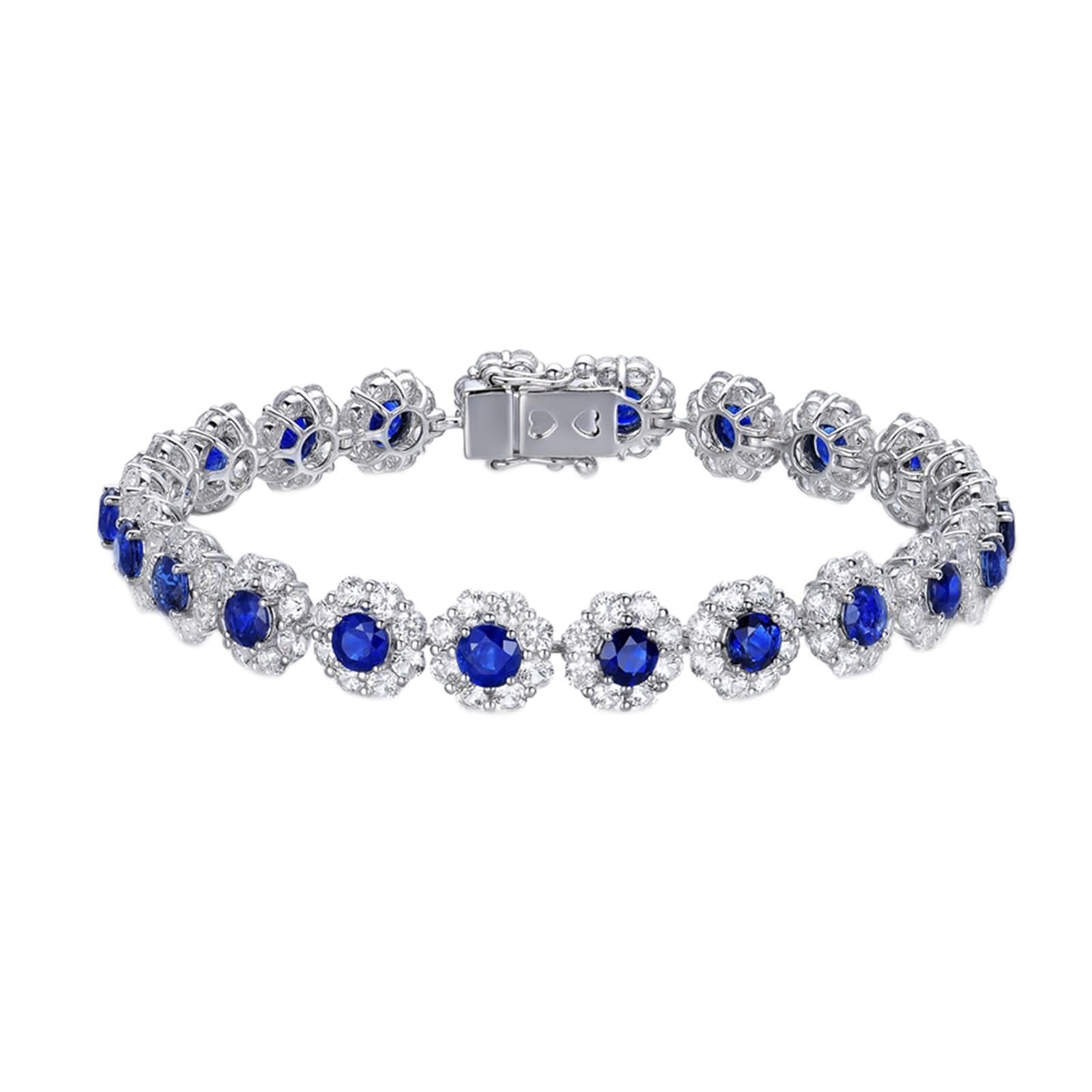 Pulseras Mujer Oro Blanco 9Kt / 14Kt / 18Kt, Flor y Redondo con Zafiro Creado de 7,7 ct y Diamante, Cadena 16 CM, Pulsera de Mujer Plata Azul