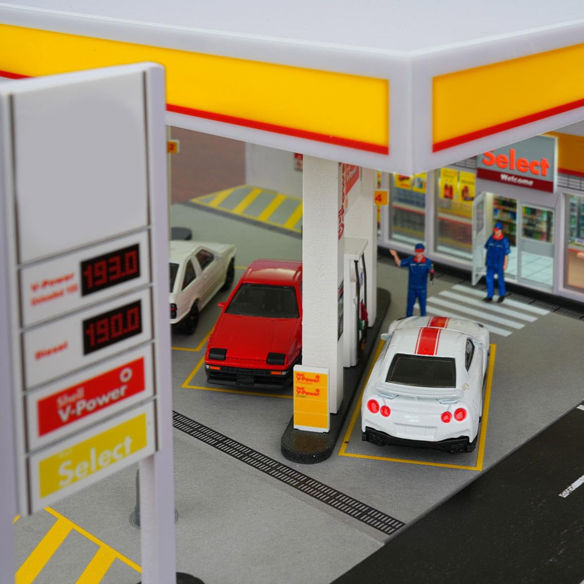 BuildCubes Maßstab 1/64 Shelll Tankstelle Modell, DIY Minihaus Diorama Tankstelle Gebäude Szene, Sammlerstück Geschenk für Enthusiasten, Fahrzeuge Figuren Werkzeuge nicht enthalten