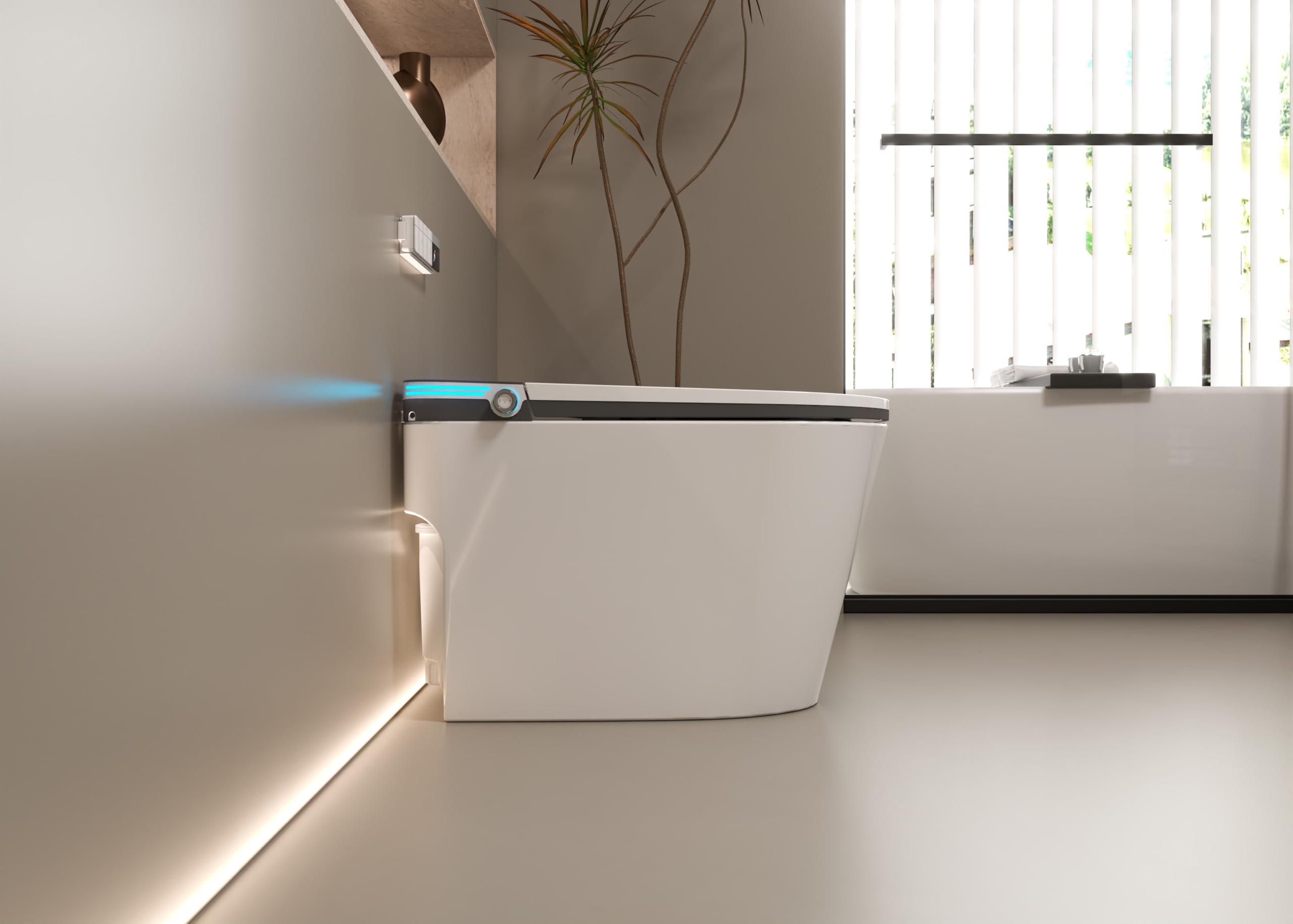 Lussuoso WC allungato con bidet intelligente, doppio risciacquo, apertura e chiusura automatica, sedile riscaldato, scarico a parete, bianco