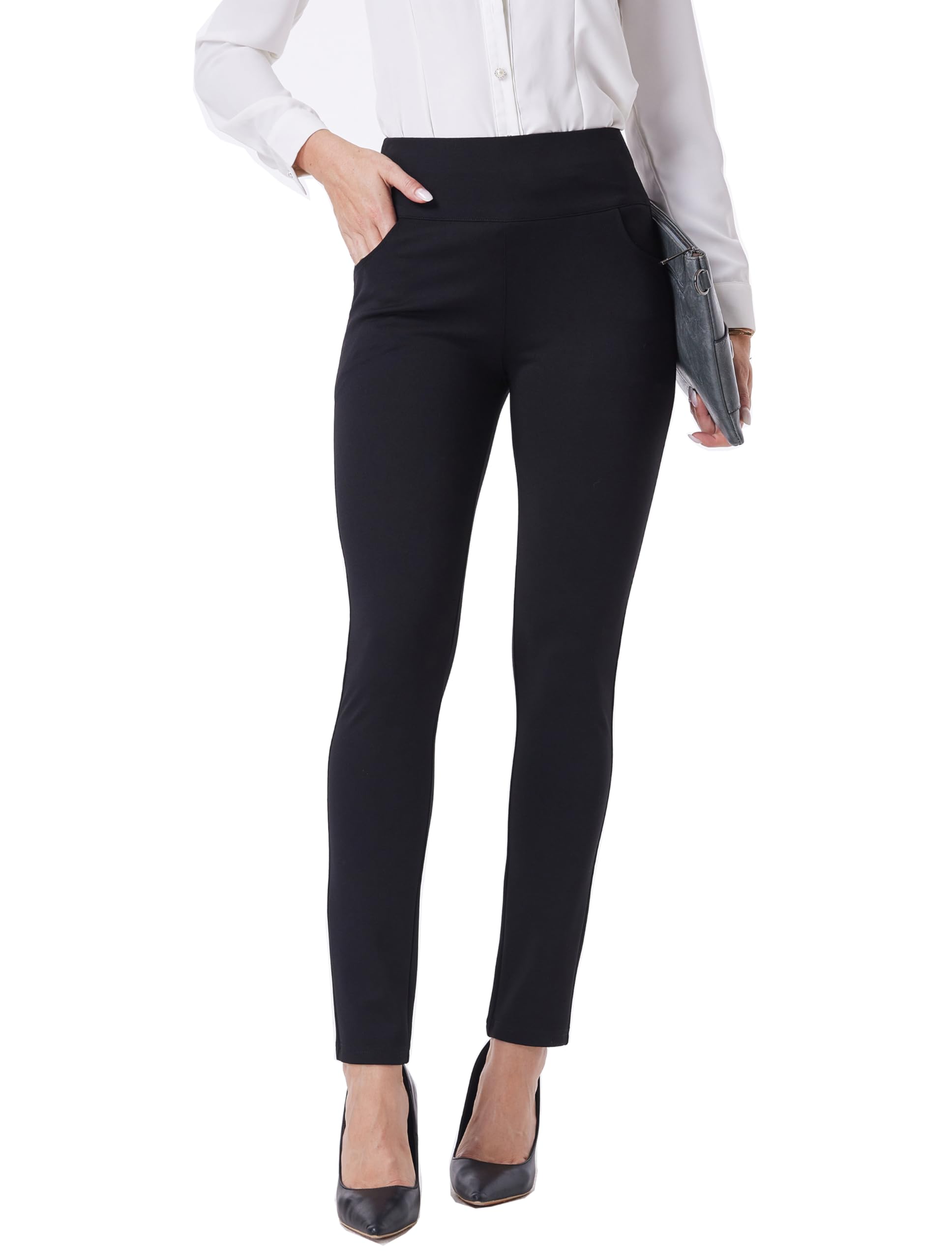 Fakanhui Dames werkbroek comfortabele stretch skinny been elastische hoge taille pull on business casual jurk broek, Zwart, XL Kort