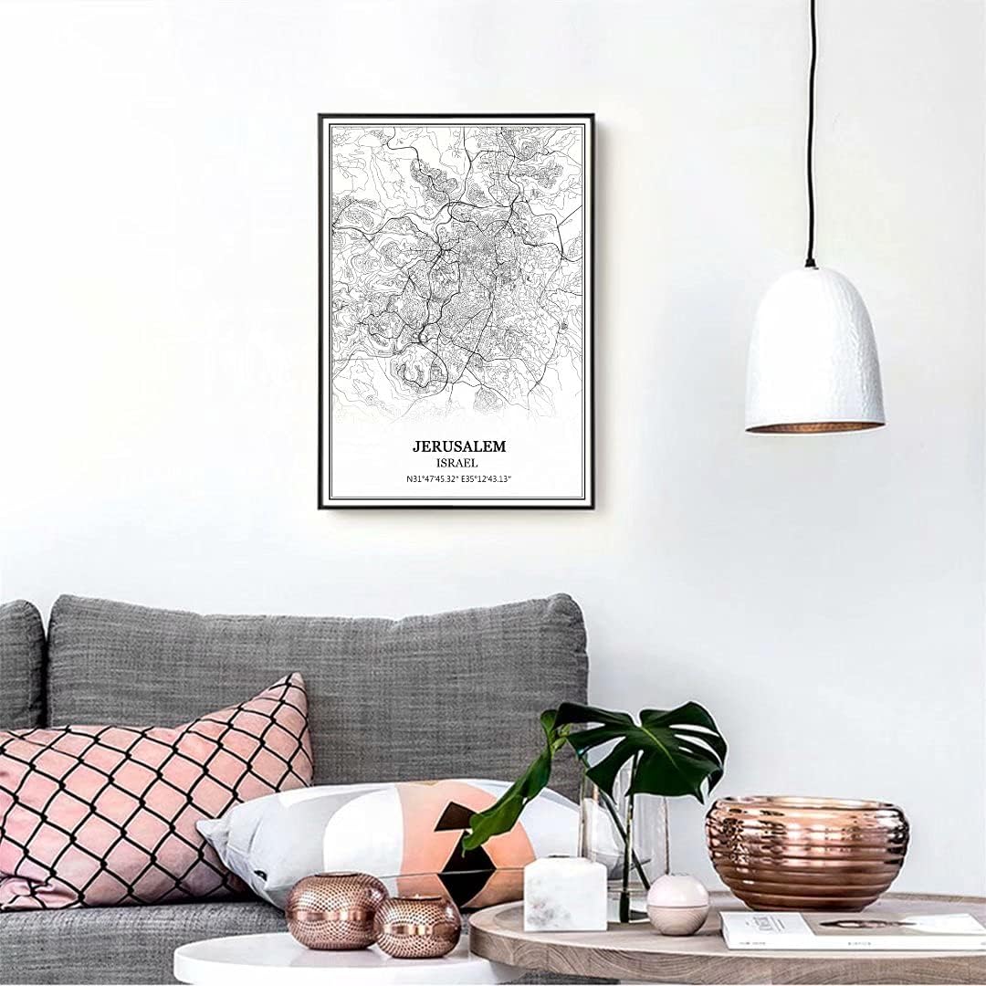 TANOKCRS Jerusalem Israel Map Wall Art Canvas Print Poster Artwork Unframed Modern Black and White Map Souvenir Gift Home Decor 24x36 in
