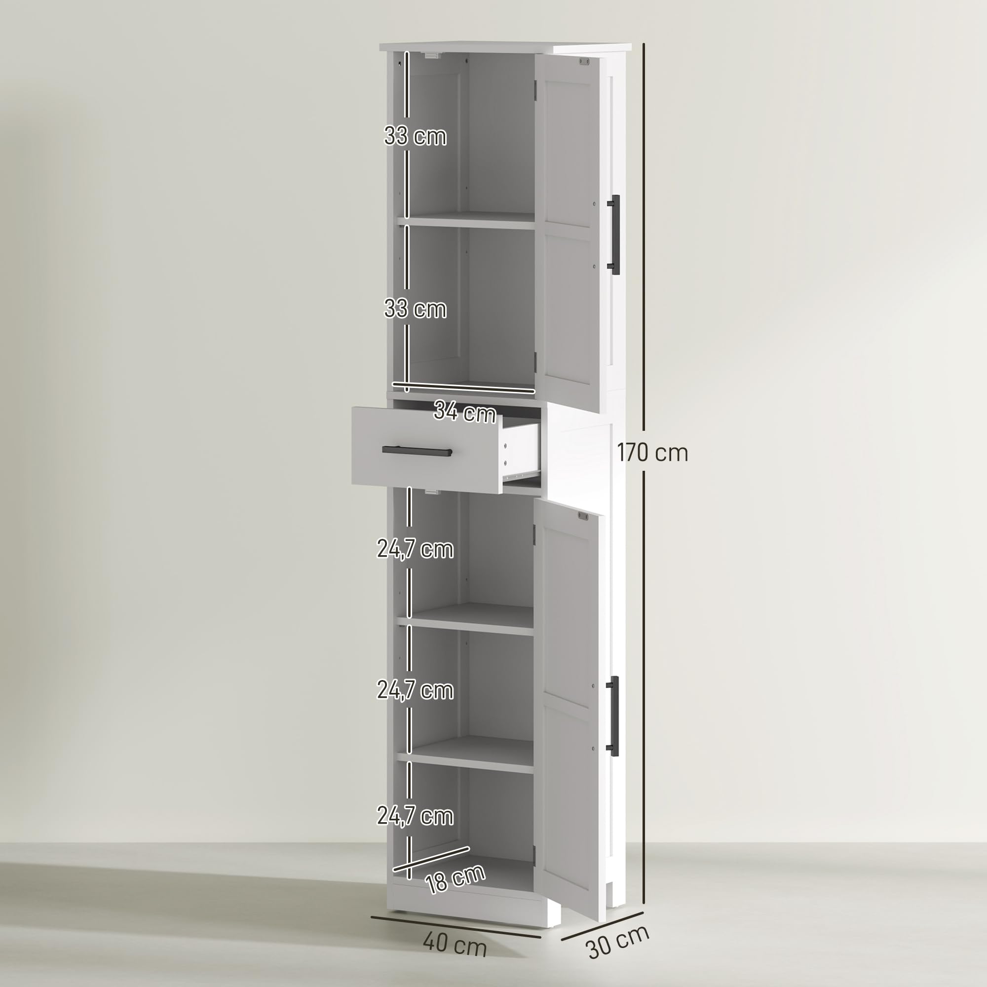 HOMCOM Armario Alto de Baño Estrecho con 2 Puertas 1 Cajón y 2 Estantes Ajustables Columna de Baño Estilo Rústico para Salón Aseo Cocina 40x30x170 cm Blanco