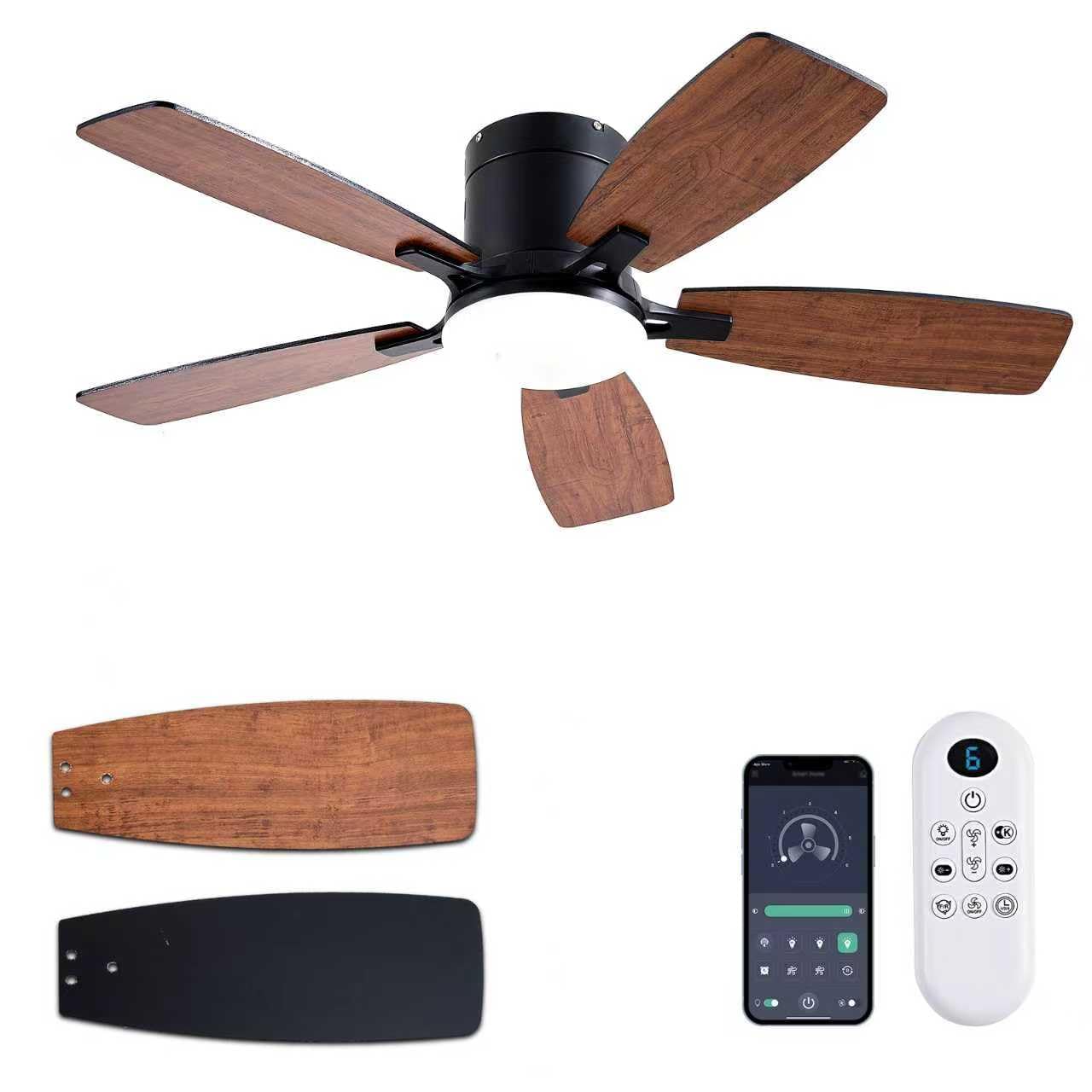 Ayaoty Ceiling Fans with Lights, 42 inch Low Profile Ceiling Fan with Light and Remote Control, Flush Mount, LED Dimmable DC Reversible Modern Ceiling