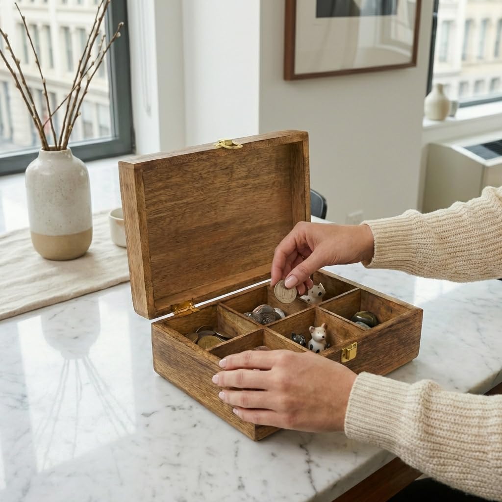 Mela Artisans Caja de recuerdos de madera con tapa con bisagras y pestillo, caja de almacenamiento decorativa grande con 6 particiones para fotos, joyas, manualidades, regalos hechos a mano, caja