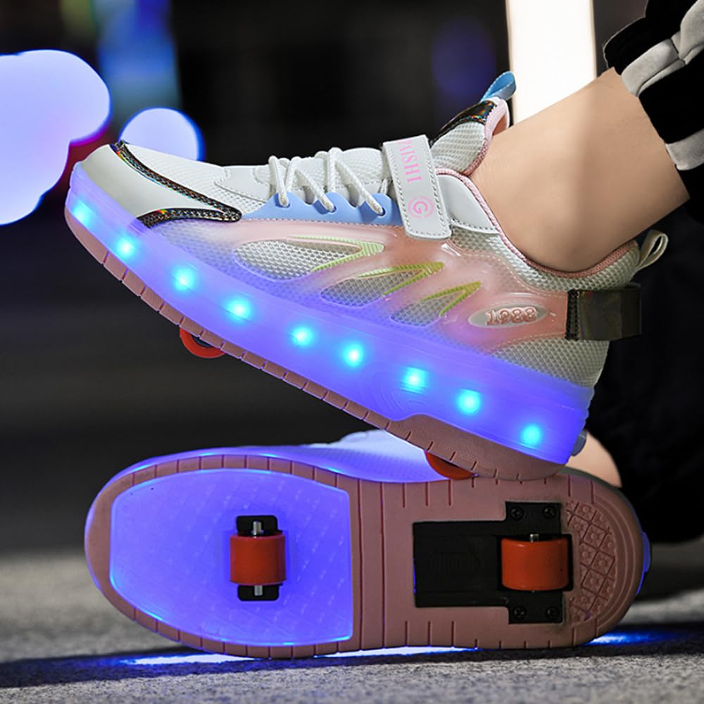Hixingo Zapatillas con Ruedas Niña Niño, PU Zapatos con Dos Ruedas 2 en 1 Zapatillas Patines Zapatillas Ruedas con Luz LED, Zapatos Patines Calzado de Skateboarding Multifuncionales