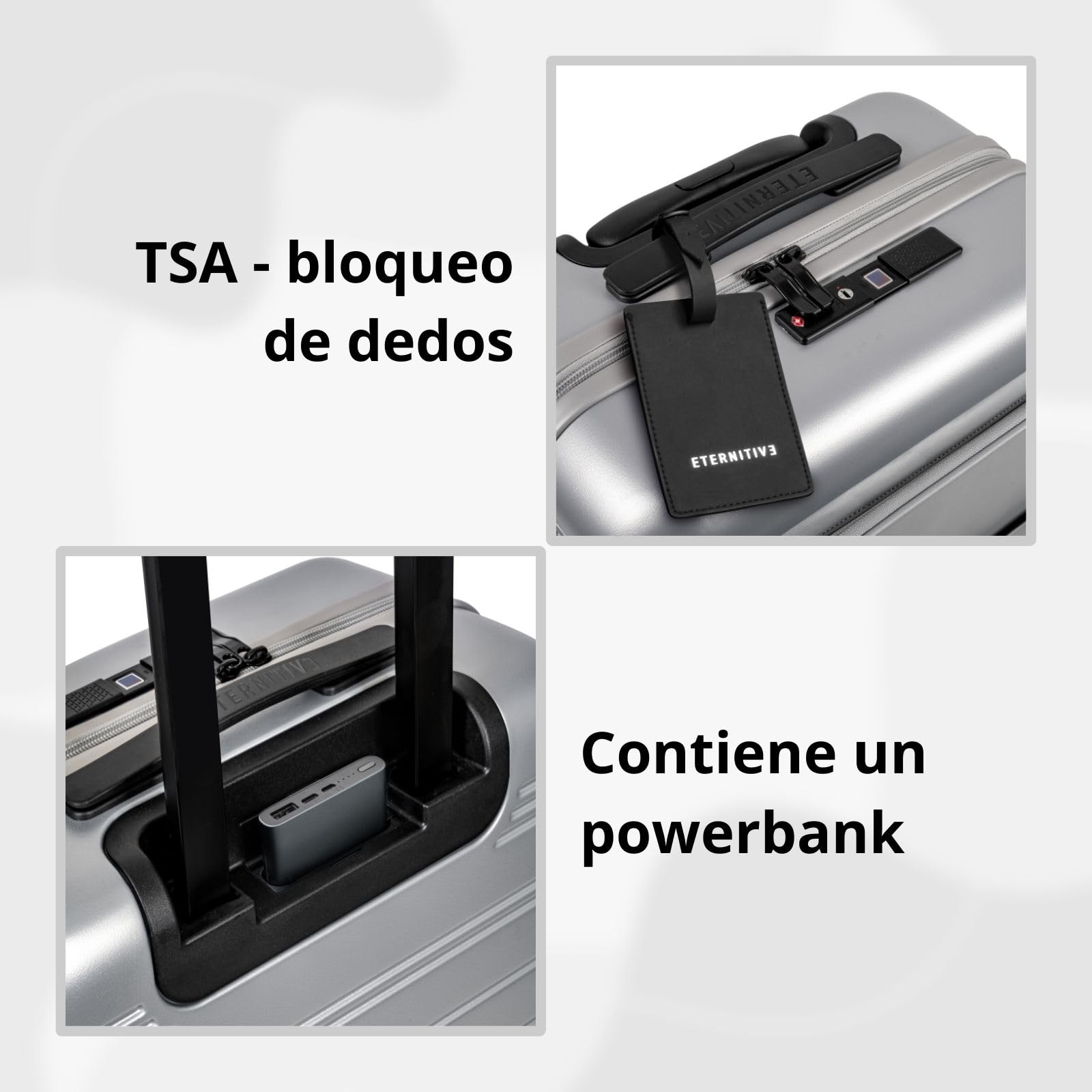 ETERNITIVE - E+ Maletas de Viaje Cabina I Maleta Viaje de Policarbonato I Tamaño: 54 x 37 x 25 cm I Maleta Rígida con Cerradura de Huella Digital I Maleta Viaje con Ruedas 360° y PowerBank I Gris