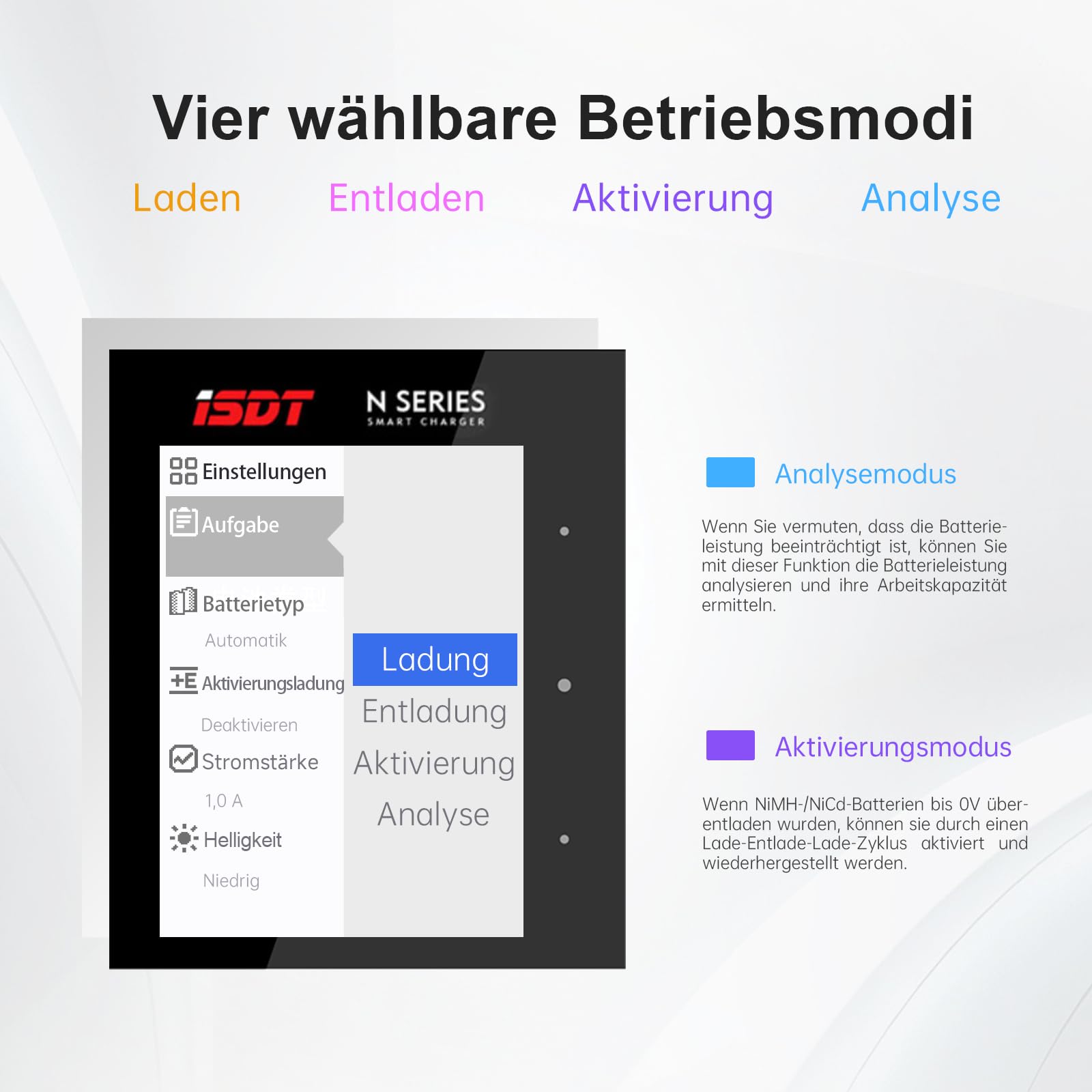 ISDT N8 AA/AAA 8-Steckplatz-Smart-Akkuladegerät mit Analyse-/Entladefunktion LCD-Anzeige NiMH NiCd NiZn LiIon LiHV Eneloop
