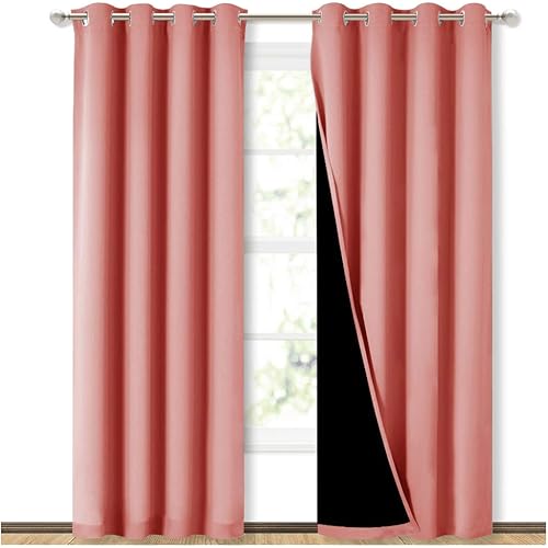 NICETOWN 100% Blackout Window Curtain Panels, Heat and Cold Blocking Drapes with Black Liner for Nursery, 84 inches Drop Thermal Insulated Draperies (Coral, 2 Pieces, 52-inch Wide Each Panel)