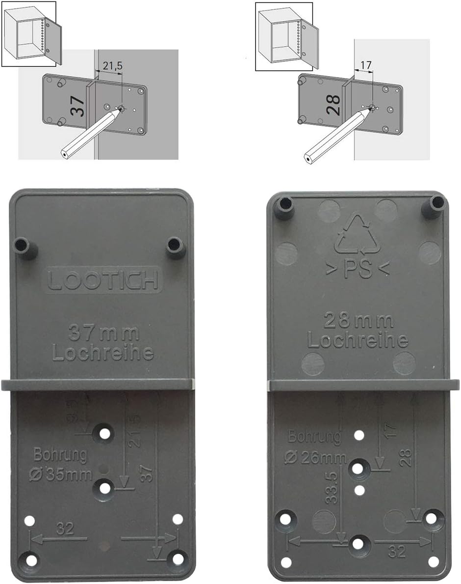 Hole Drilling Jig Template for Ø35mm and 26mm Hinge Cup Mounting Plates Drawers and Eccentric Connecting Fittings of Ø25mm and 20mm Hole Diameter Pack of 2