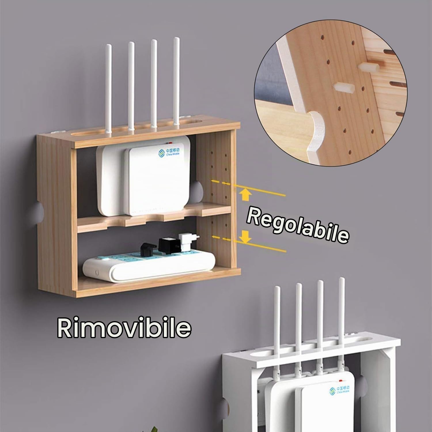 Mensola Router WiFi, Scatola di Immagazzinaggio Parete, Organizer Cavi in Legno per Casa e Ufficio - Bianco