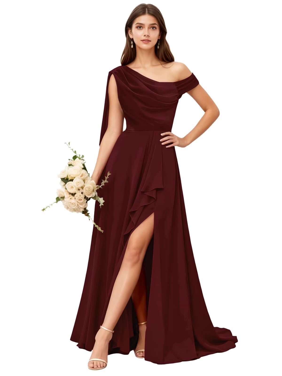 One Shoulder Chiffon Bridesmaid Dresses Long with Slit Pleated Ruffles A Line Formal Evening Party Dress with Pockets