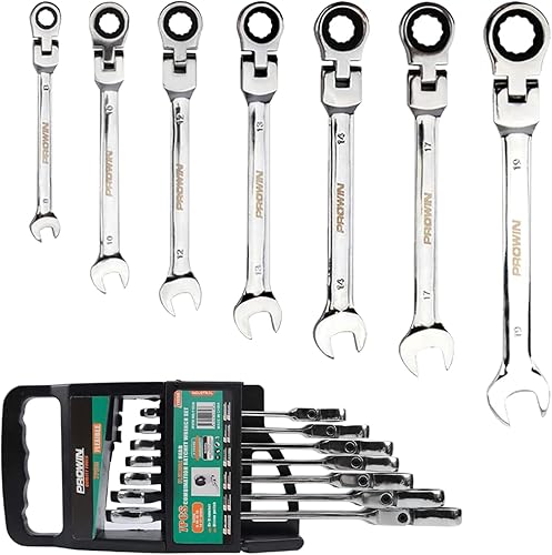 Prowin Juego de llaves de trinquete de 7 piezas con llaves combinadas abiertas de cabeza flexible - Construcción de acero al cromo vanadio, portátil