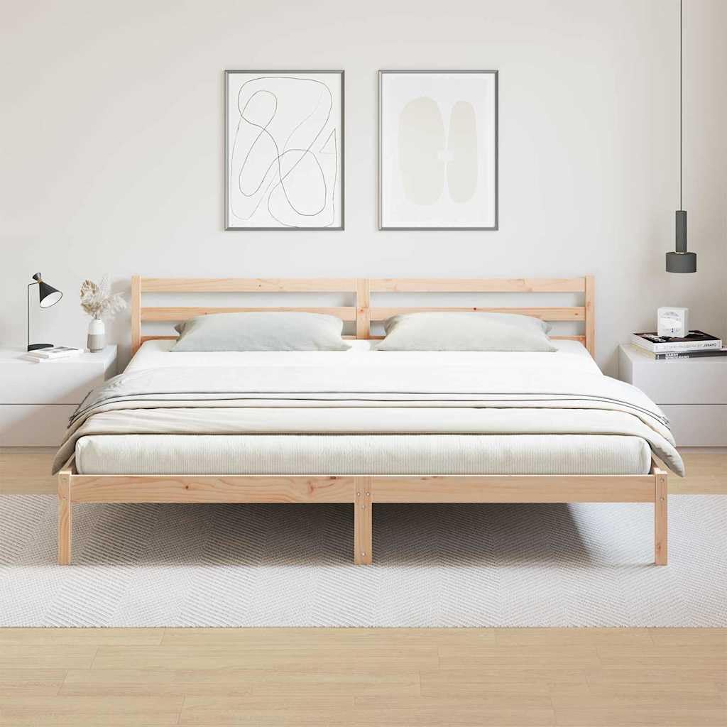 Marco de Cama Marrón 220 x 200 cm de Madera Maciza de Pino con Cabecero Premium, Diseño Moderno Minimalista y Ensamblaje Sencillo para Dormitorio Principal, Estructura