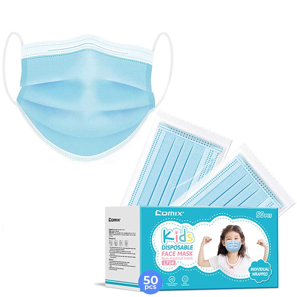 Comix Kids Face Mask, Disposable Kids Face Mask Individually Wrapped Face Masks for Protection 50 Pack 3 layer face mask Fits for Kids Ages 6-14
