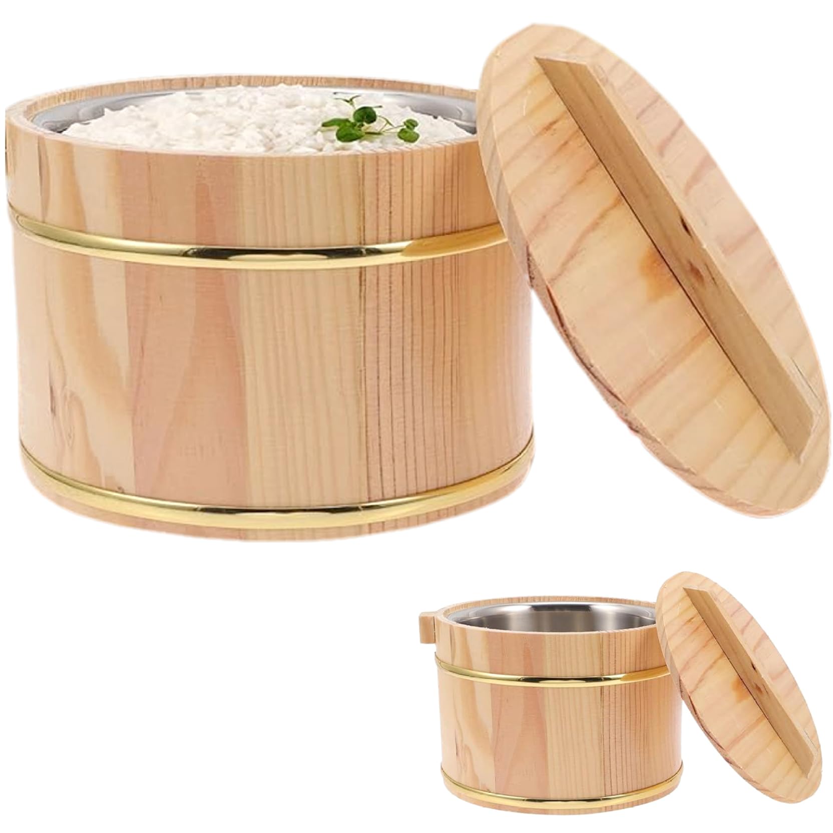 Yeaxxsqy Sushi Rice Bowl 1400ml Wooden Rice Bowls with Stainless Steel Inner Tank Cooked Container with Lid and Spoon Cooking Bucket for Home Kitchen Restaurant