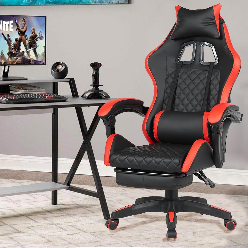 Sedia Poltrona Gaming Scrivana Ufficio Casa in Ecopelle Schienale Reclinabile Cuscino Lombare Poggiatesta Rotazione 360 Gradi Altezza Regolabile Base 5 Ruote (Rosso con Poggiapiedi) - Sedia gaming - Immagine 1