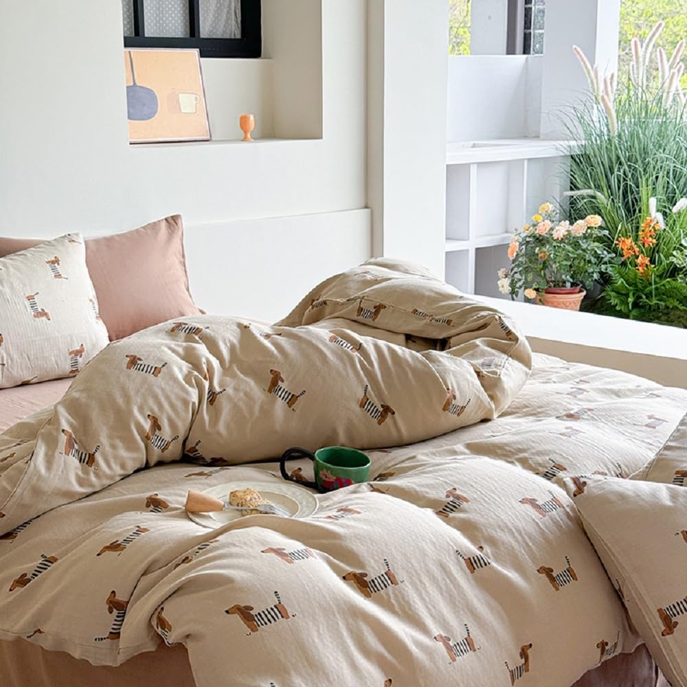 Lanqinglv Ropa y cama de 220 x 240 cm para niña, perro salchicha, marrón claro, marrón, ropa de cama infantil de microfibra, juego con certificado Öko-Tex, funda nórdica