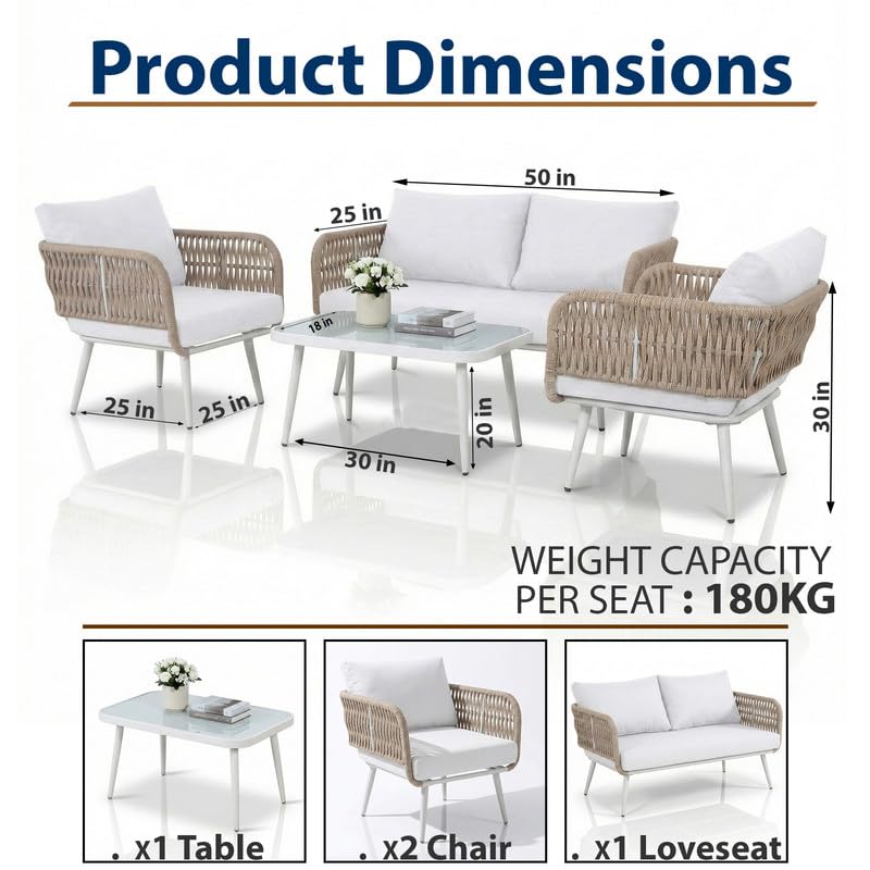 Image of BRISHI Outdoor Sofa Set || Balcony Sofa || Patio Furniture Sets | Conversation Sets | Braid & Rope Garden Seater Sofa Set and Center Table (4 Seater Beige-White)