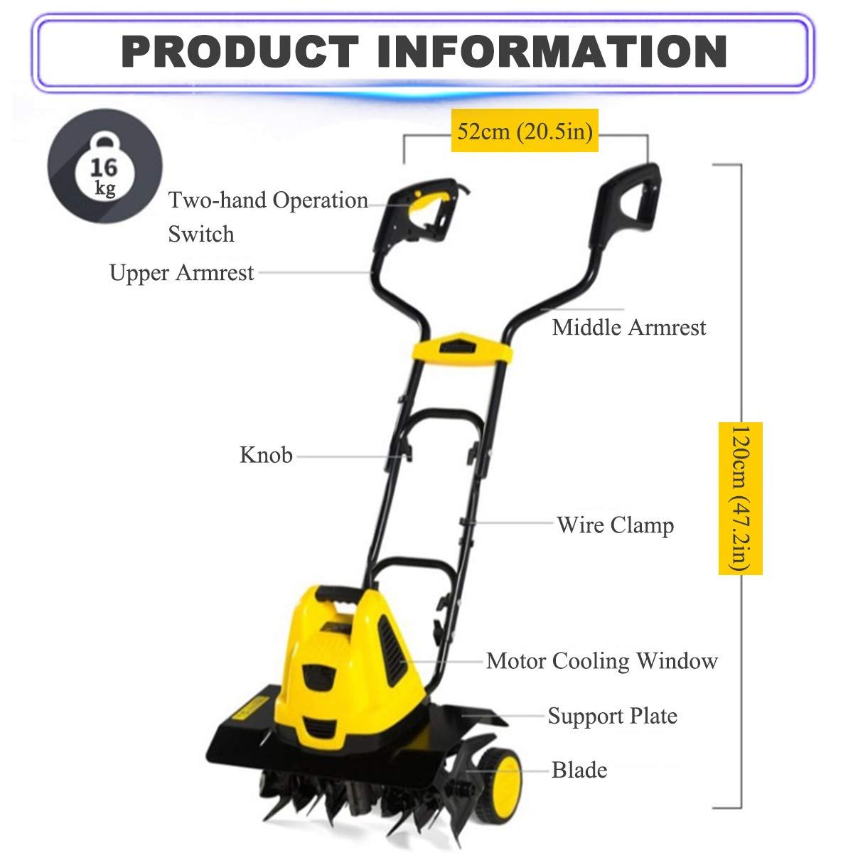 Motoculteur de Jardin, motoculteur électrique 2400 W, motoculteur Pliable dans Le Sens du Sol, Profondeur de Travail 8,7 Pouces, Largeur de Travail 18,9 Pouces, cultivateur de trav
