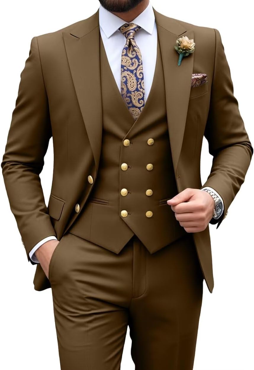 Men's Suit Slim Fit 3 Piece Double Breasted Suits Prom Tuxedo Set Formal Casual Jacket Blazer Vest Pant Wedding Suit for Men