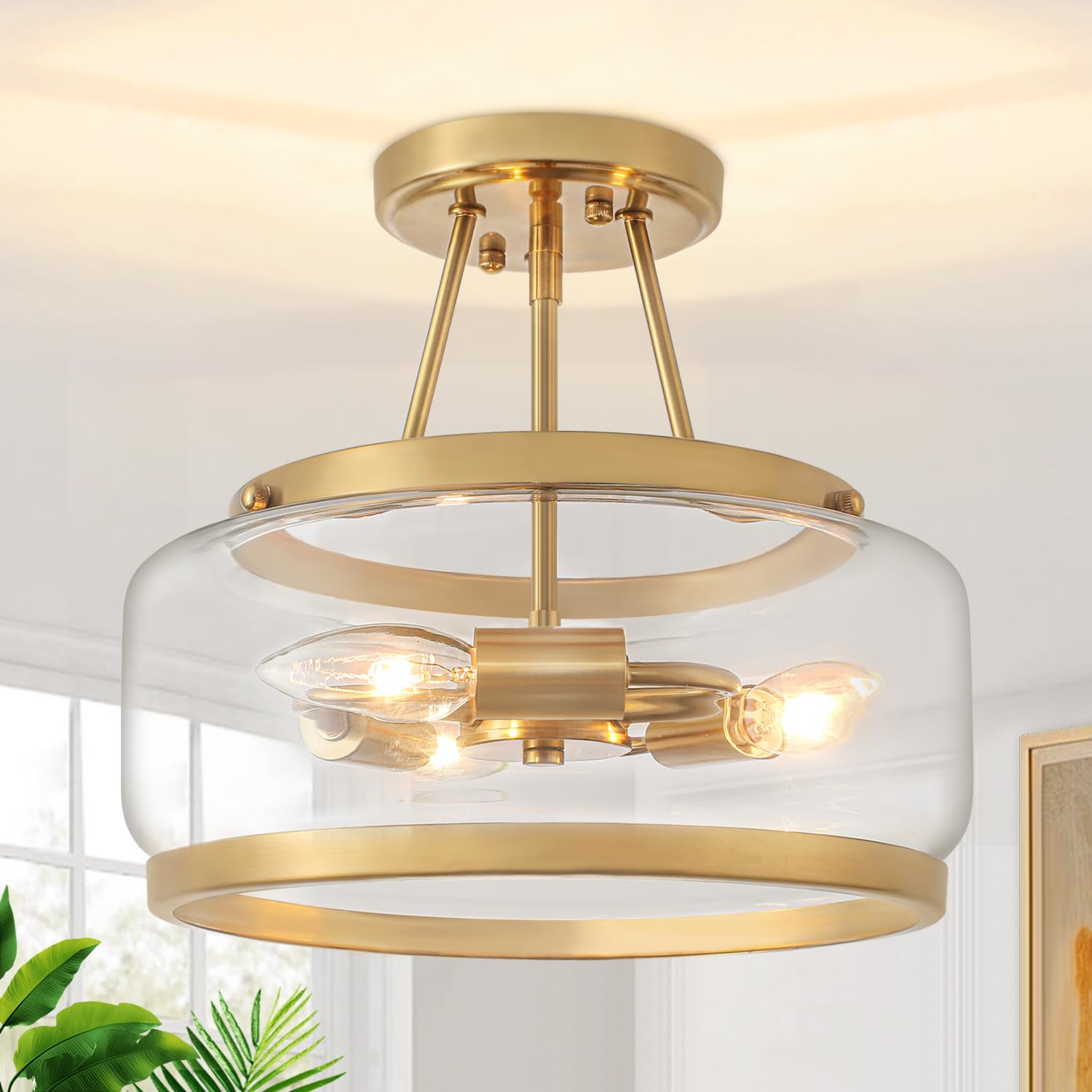 Brushed Gold Semi Flush Mount Ceiling Light, Modern Clear