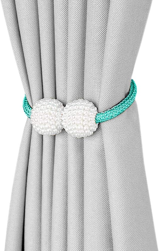 DEZENE Pearl Magnetic Curtain Tiebacks: 2 Pack Decorative Drape Tie Backs Rope Holdback Holder for Window Drapries