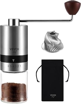 Vevok Chef Manual Coffee Grinder with 6 External Adjustable Coarseness for Espresso to French Press, Stainless Steel Conical Burr, Ideal for Home, Office or Travelling, Silver [Energy Class A+++]
