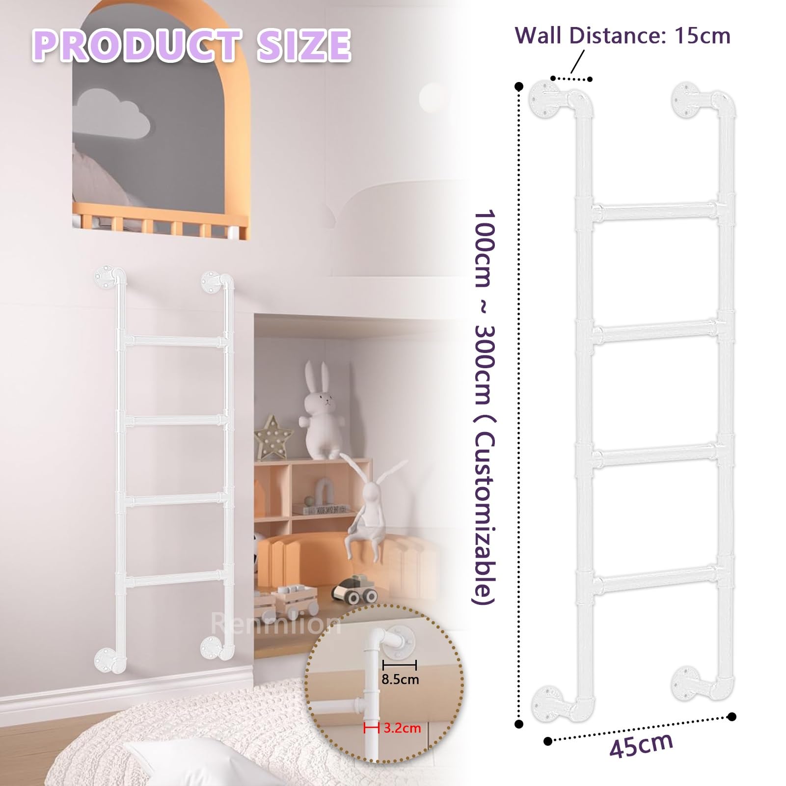 Escalera de Emergencia Resistente para Huecos de Ventanas, Escalera de Metal Blanca de 1,2 m, 1,5 m, 1,8 m, 2,1 m y 2,4 m, para emergencias en Caso de Incendio, montada en la Pared, para par