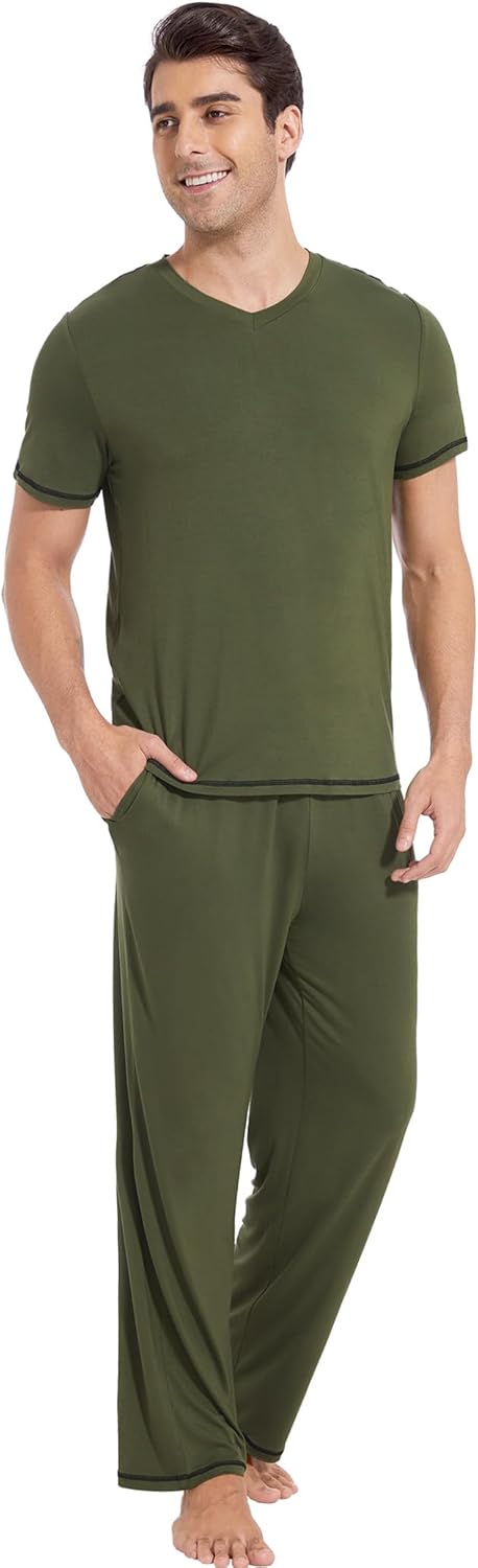 GYS Men's Pajama Sets, Viscose Made from Bamboo, Short Sleeve T-Shirt and Lounge Pants 2 Piece Pajamas for Men - Image 3