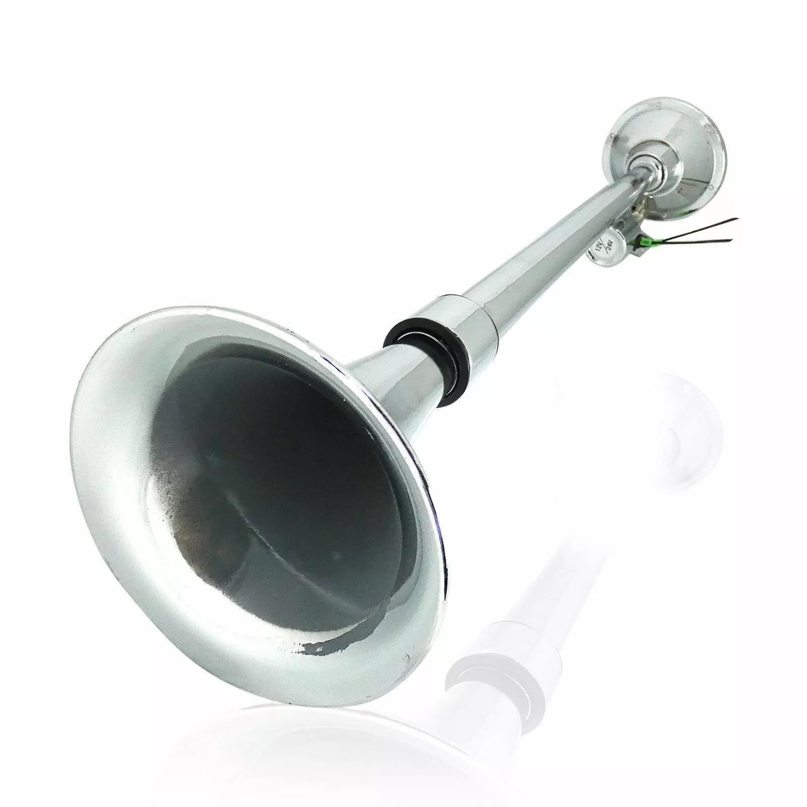 12/24V Hupe Horn 635mm Fanfare Druckluft Nebelhorn Rund mit Ventil 64cm 125dB Chrom Metal Hochwertig inkl. Montagesatz LKW Wohnwagen Boot Landtechnik Neu OVP