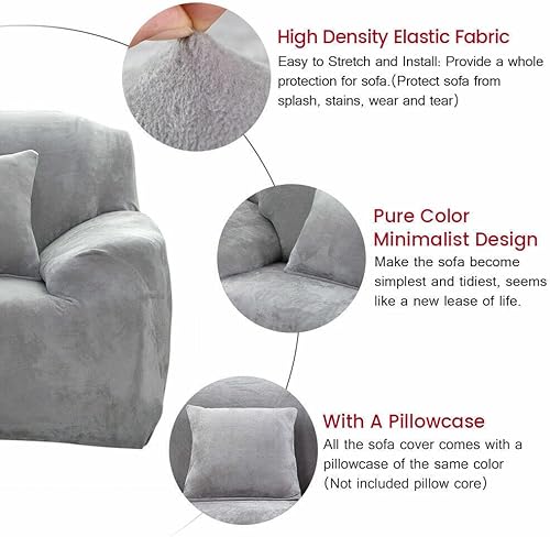 Miniatura 5 de cjc Fundas de terciopelo para sofá, funda elástica de felpa gruesa para sofá de 3 asientos (gris claro)