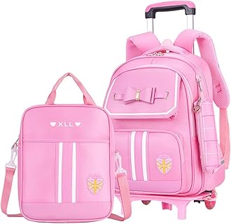 MITOWERMIRolling Backpack for Girls Cute Trolley Bags Primary School Bookbags with Wheels Kids Carry-On Wheeled Backpack with Lunch Bag