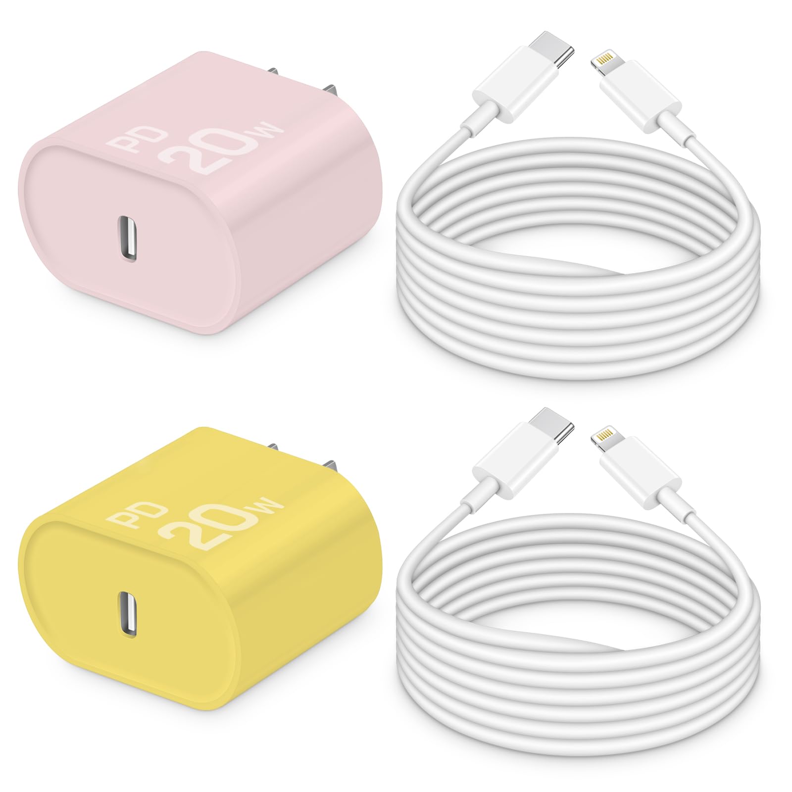 i Phone Charger 10 Ft Fast Charging 2-Pack 20W PD Fast Charger with 6Ft Fast Charging Cable, Type C Fast Charging Block & Fast Charger Cord for IP 14/13/12/11, i Pad [Pink and Yellow with White Cable]