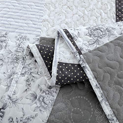 Ycosy Floral Quilt Set Full/Queen Size Patchwork Plaid Bedding Set Flower Reversible Bedspread Morden Lightweight Coverlet Grey White Black Plaid Quilts Bed Cover Sets With 2 Pillow Shams #TOP6