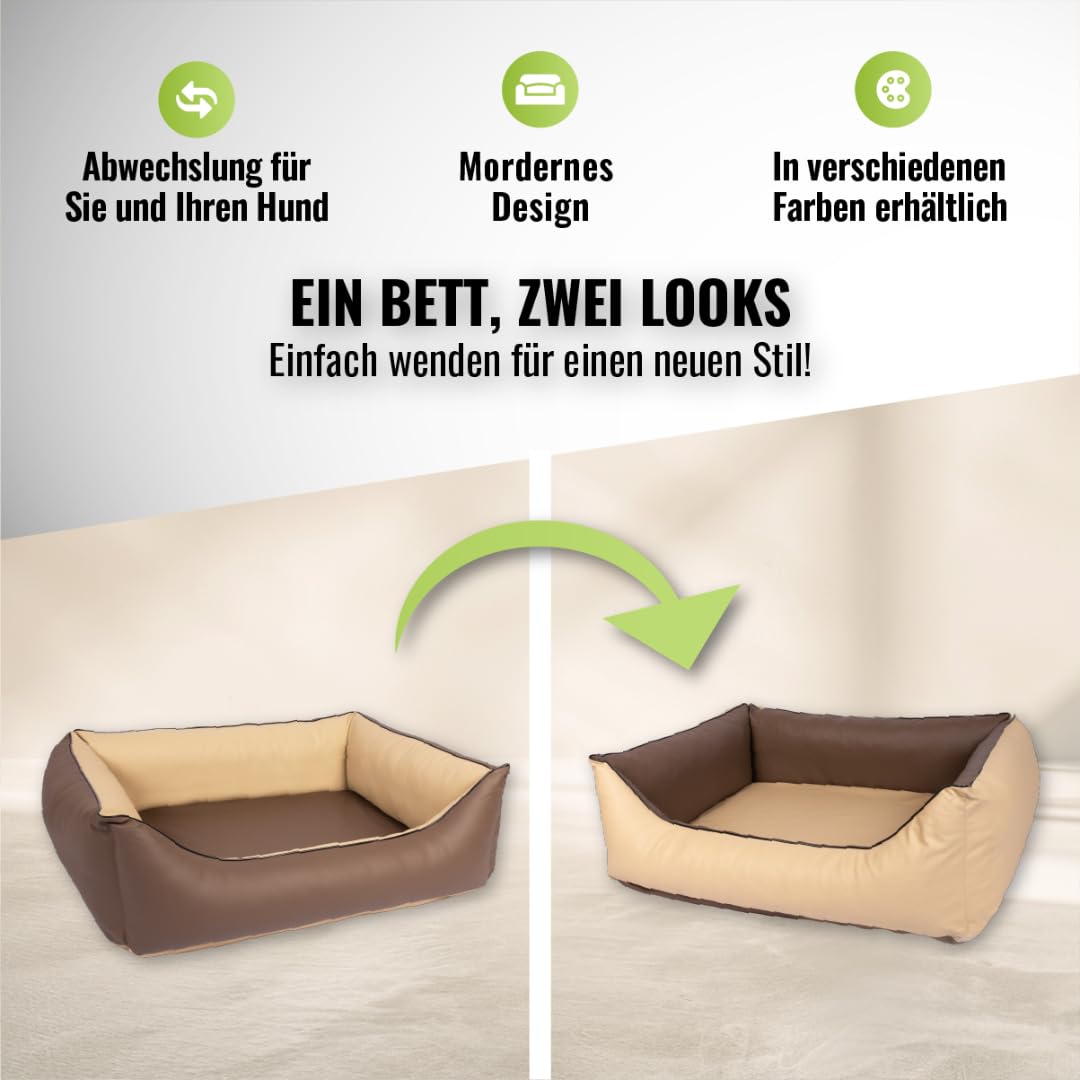 CopcoPet Orthopädisches Hundebett Kunstleder kleine Hunde – Waschbares Hundekissen 【Wendebett】 Hundebett Leder - Formstabiles Hundesofa - Hundekörbchen mit erhöhten Rand, Dog Bed Mocca 70 x 55 cm