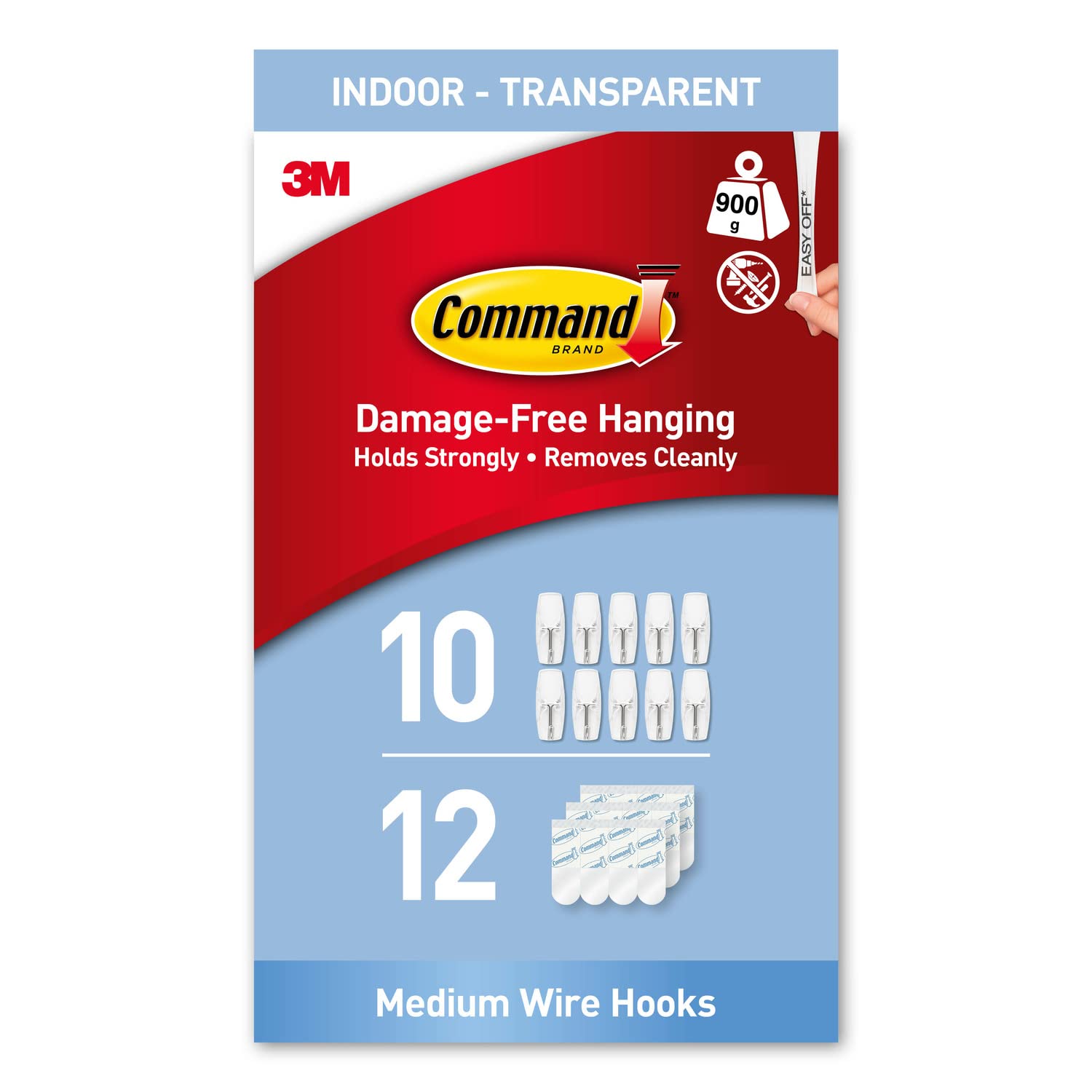 CommandWire Medium Toggle Transparent color, 10 Hooks + 12 Strips/SIOC pack | Holds 900 gr. each hook | Organize | Decoration | No Tools | Holds Strongly | Damage-Free Hanging
