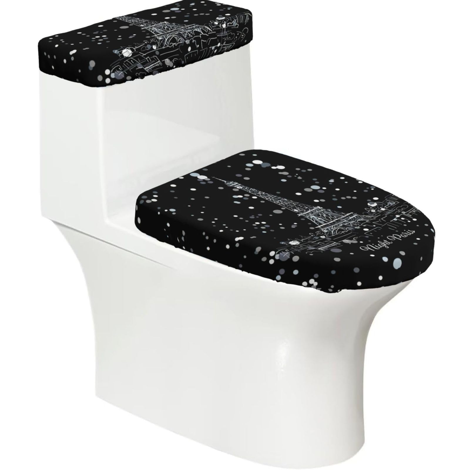 Night Paris Eiffel Tower Printed Toilet Tank and Lid Cover Set of 2 for Most Bathrooms, Fits Elongated Round Toilets