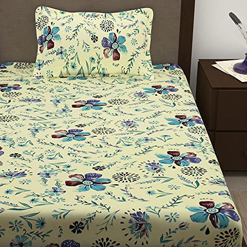 Image of Story@Home 210 TC Spark Collection Single Bedsheet Cotton Combo with 1 Pillow Covers | Cream Yellow & Green | Floral (Bedsheet : 145 X 225 cm & Pillow Cover : 40 X 60 cm)