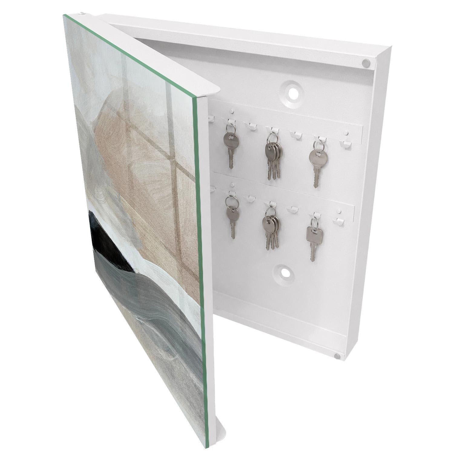 Armadietto Portachiavi 30x30 cm | Bianco | A Sinistra | Montaggio a Parete | Armonia pastello | Tasselli e Viti Inclusi | per Uffici | in Metallo | Frontale Decorativo in Vetro Temperato