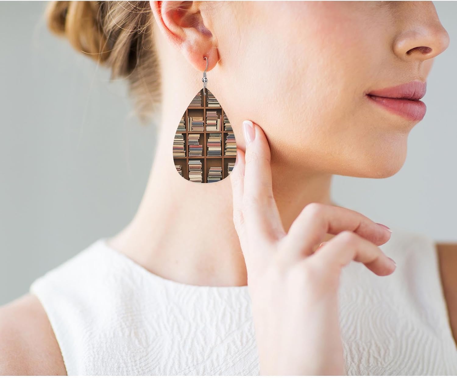 Library Leather Teardrop Hook Earrings Brown Shelf Old Library Books Elegant Earrings For Women Friends Dangle Earrings image 4