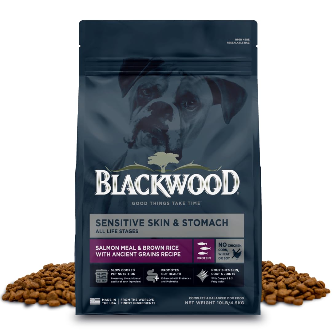 Blackwood Sensitive Skin & Stomach Dry Dog Food, Salmon Meal & Brown Rice with Ancient Grains, 10 Pound Bag with Prebiotics & Probiotics to Promote