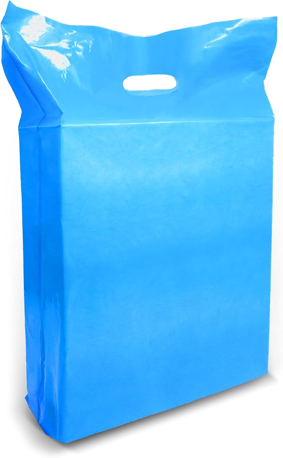 Blue Merchandise Bags 100 Pack, Large 15 x 18 Inch Plastic Shopping Bags with 2 Inch Gusset and Die Cut Handles, Recyclable Bulk Bags for Retail Stores, Events, Gifts and Party Favors