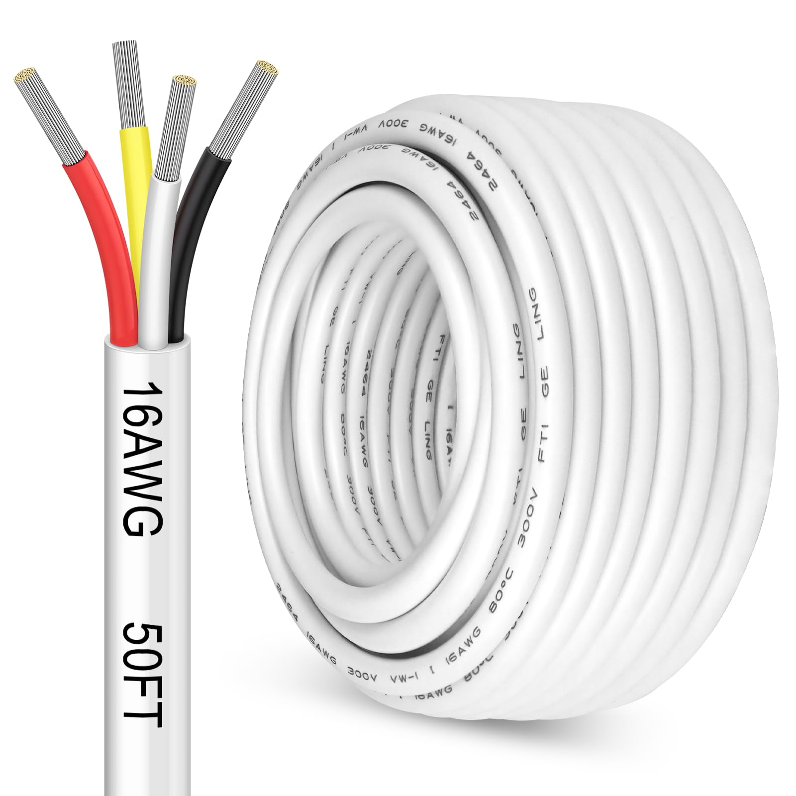 YOEPLAVSE 50FT 16 Gauge 4 Conductor Electrical Wire, 16 AWG 4 Wire Cable Tinned Copper PVC Stranded, 16/4 Low Voltage Landscape Wire for LED Lighting