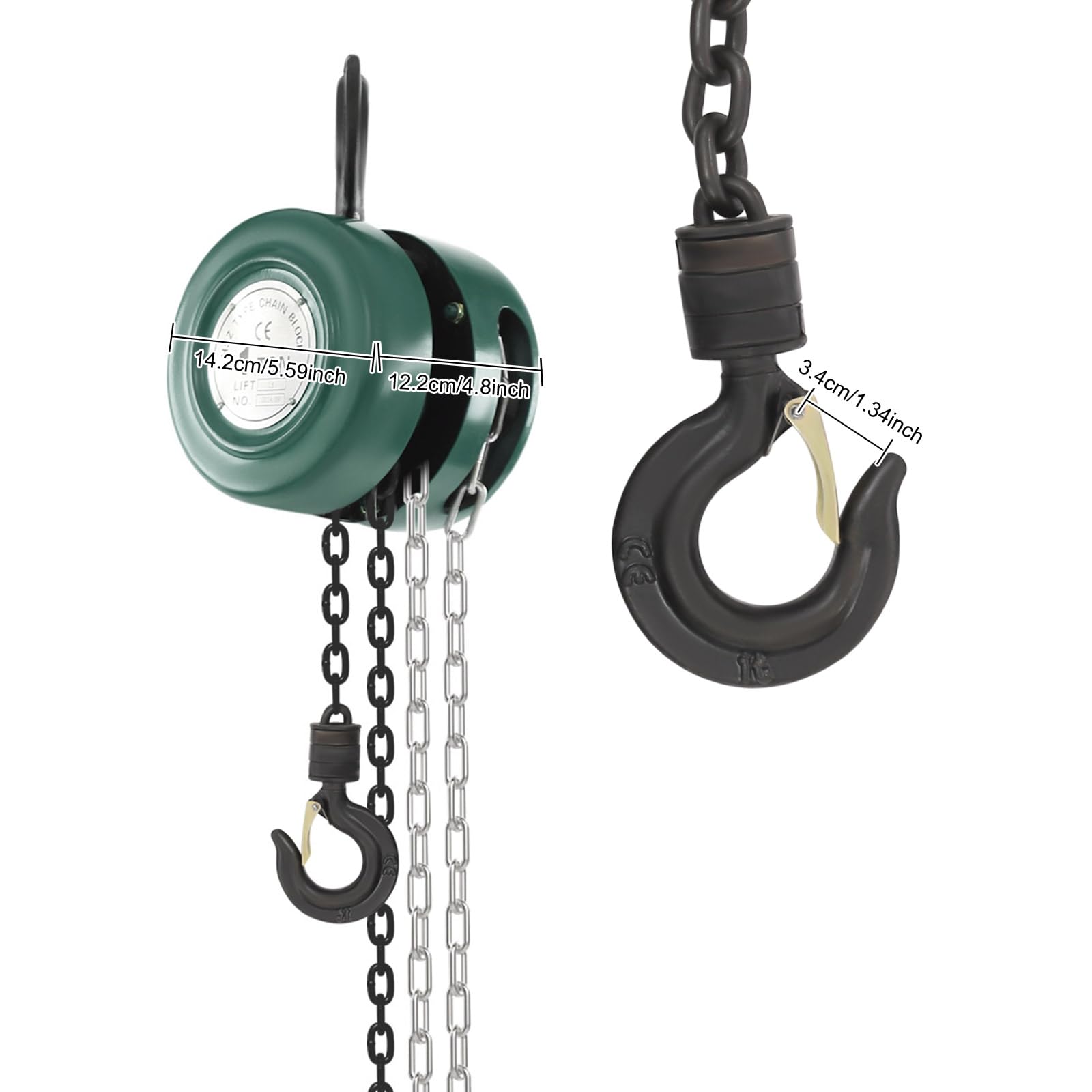 Paranco a catena manuale 1 tonnellata con portata di 1000 kg e lunghezza della catena di 3 m, con gancio girevole a 360°, paranco manuale a catena per cuscinetti, edifici (verde)