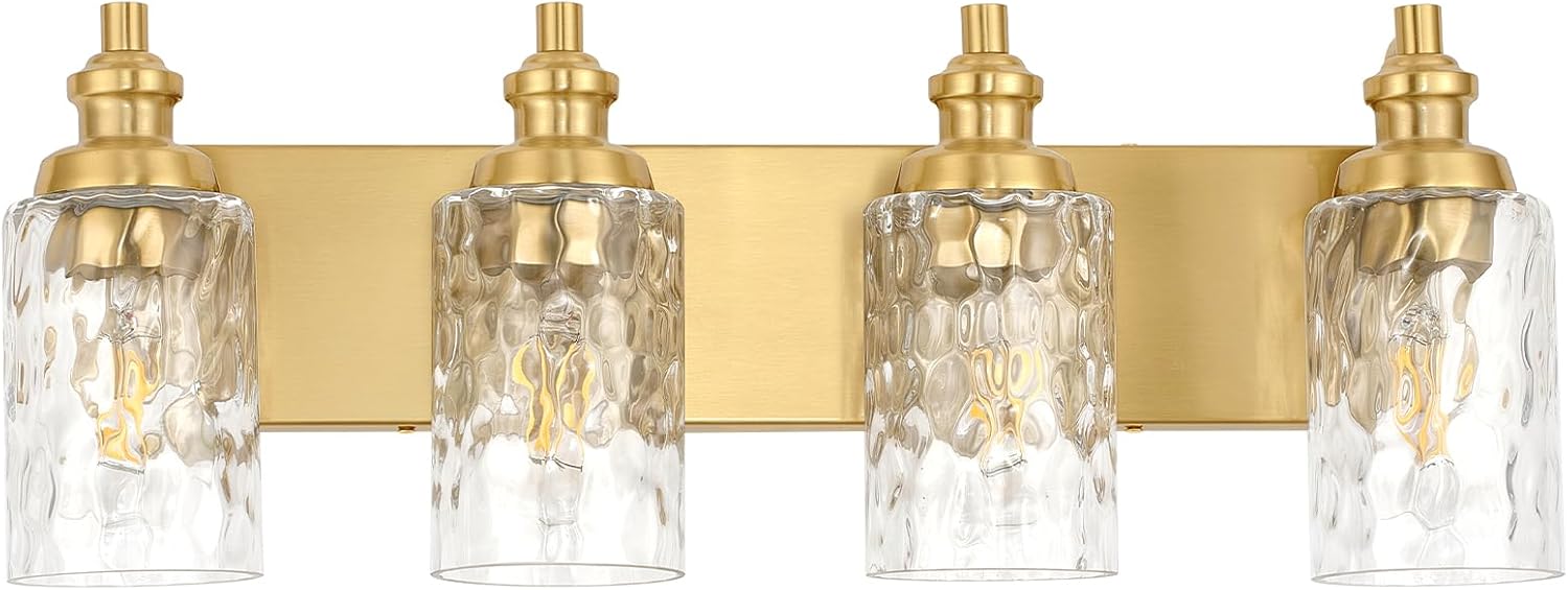 4-Light Bathroom Light Fixtures Over Mirror, Farmhouse Vanity Lights with Hammered Glass Shades, Brushed Brass