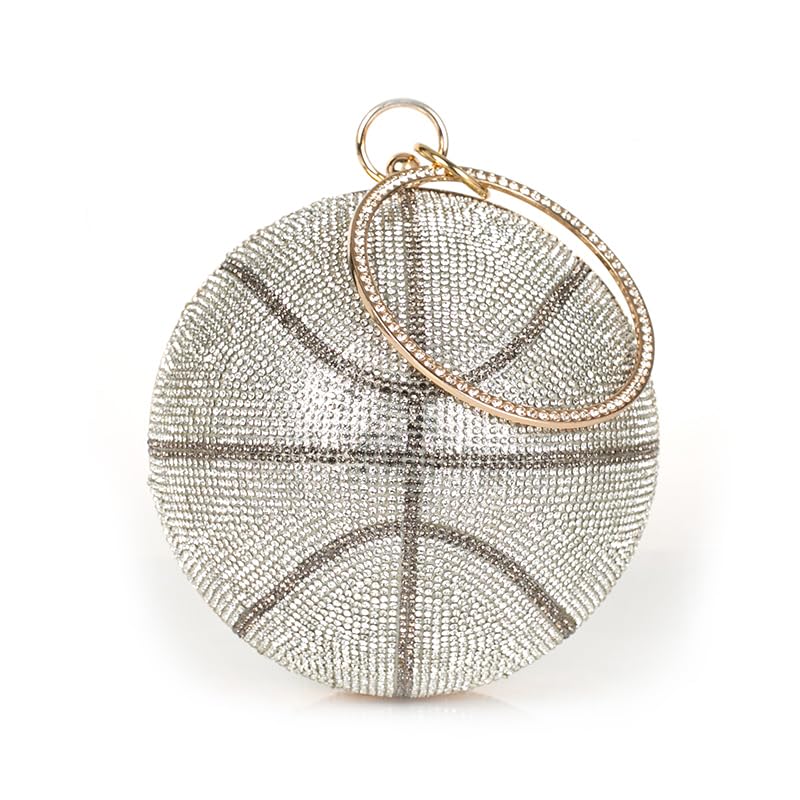 Gljozjn Basketball Shaped Rhinestone Evening Clutch Purse for Women Crossbody Bag Crystal Purses for Party Wedding Dinner Accessories Silver